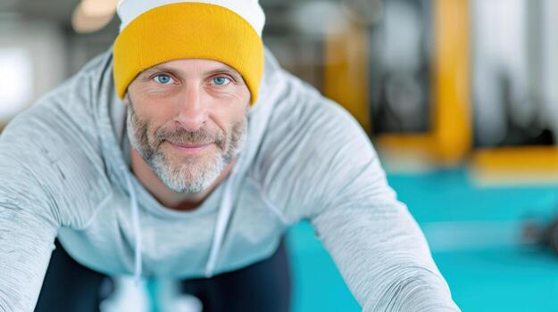 48787023-meia-idade-homem-dentro-casual-roupa-de-esporte-e-gorro-sorridente-exercicio-em-esteira-dentro-moderno-academia-com-turquesa-pavimentos-e-ginastica-equipamento-foto